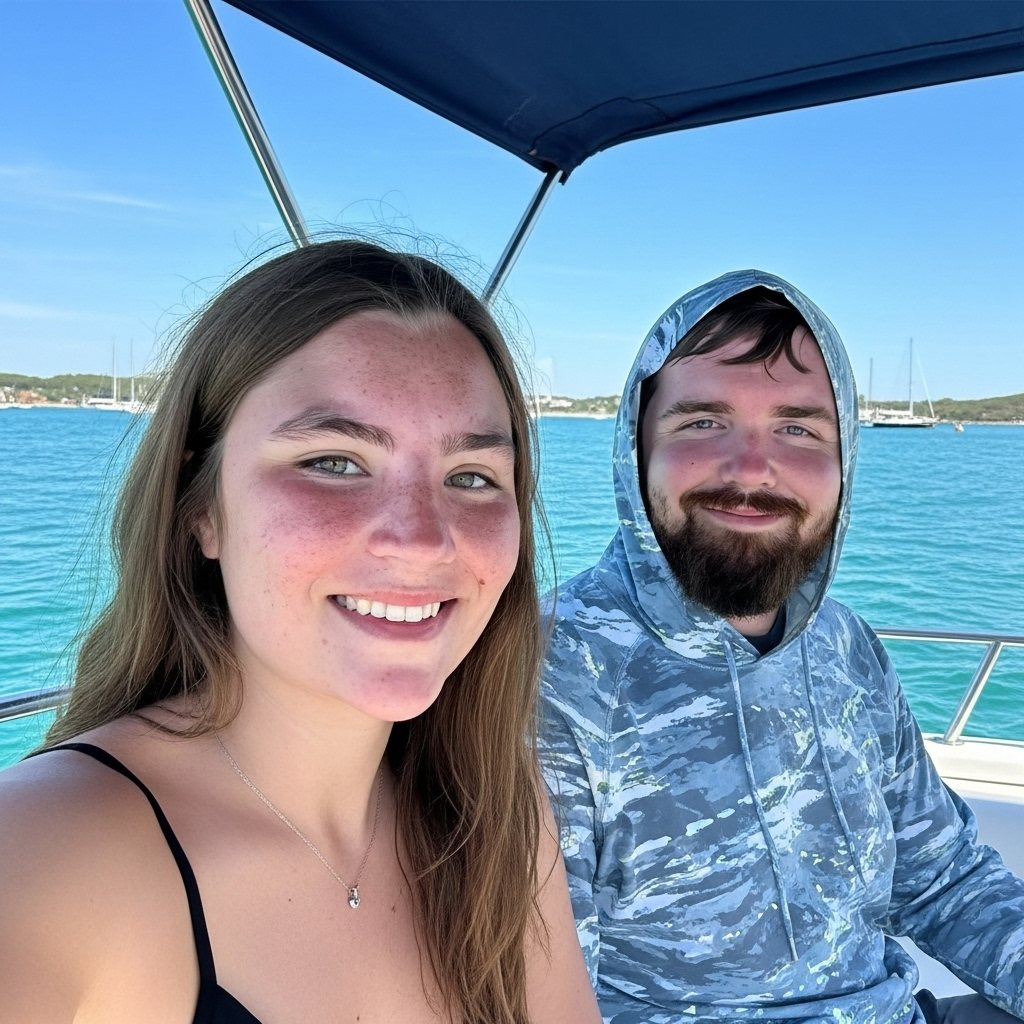 Guests taking a selfie under the bimini shade on the charter boat